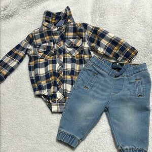Plaid Shirt and Denim Pants Set
